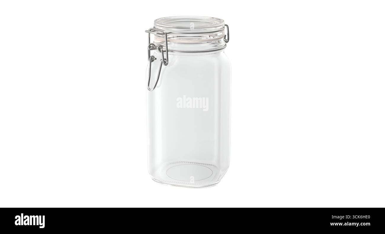 Un vaso in vetro trasparente con coperchio a chiusura metallica, ideale per conservare in modo sicuro alimenti o altri oggetti. Foto Stock