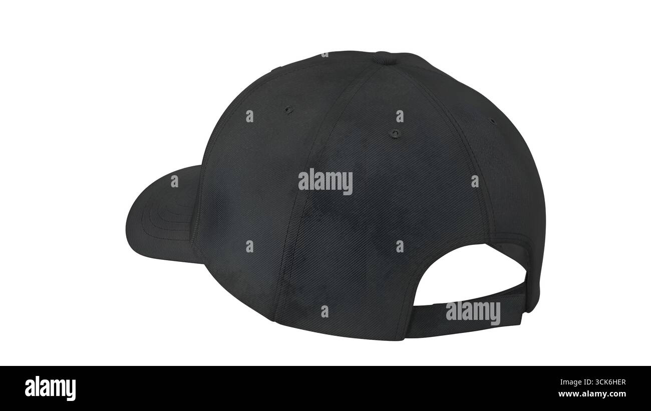 Un berretto nero visto dal retro, che mostra il suo design e il cinturino regolabile. Foto Stock