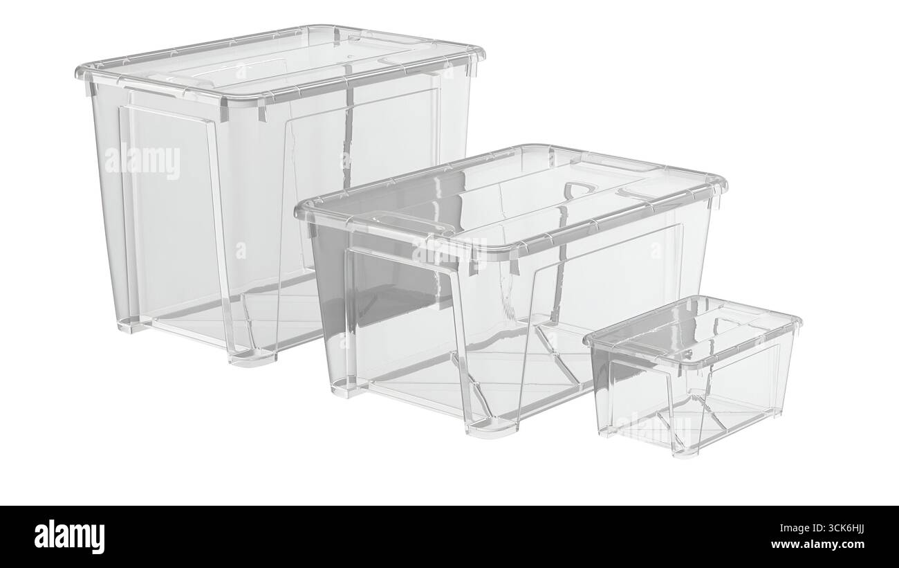 Un set di tre contenitori trasparenti di varie dimensioni, ideali per organizzare e conservare vari articoli. Foto Stock