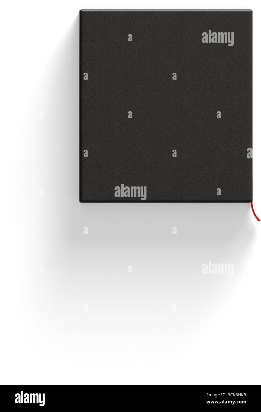 Un elegante e minimalista dispositivo quadrato nero con un sottile cavo rosso che suggerisce un design moderno e tecnologico. Foto Stock