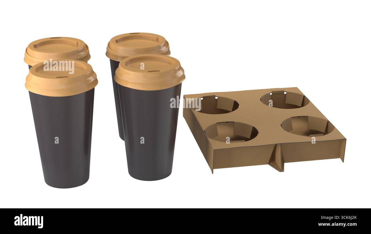 Quattro tazze da caffè usa e getta con coperchi e un supporto in cartone per un facile trasporto. Foto Stock