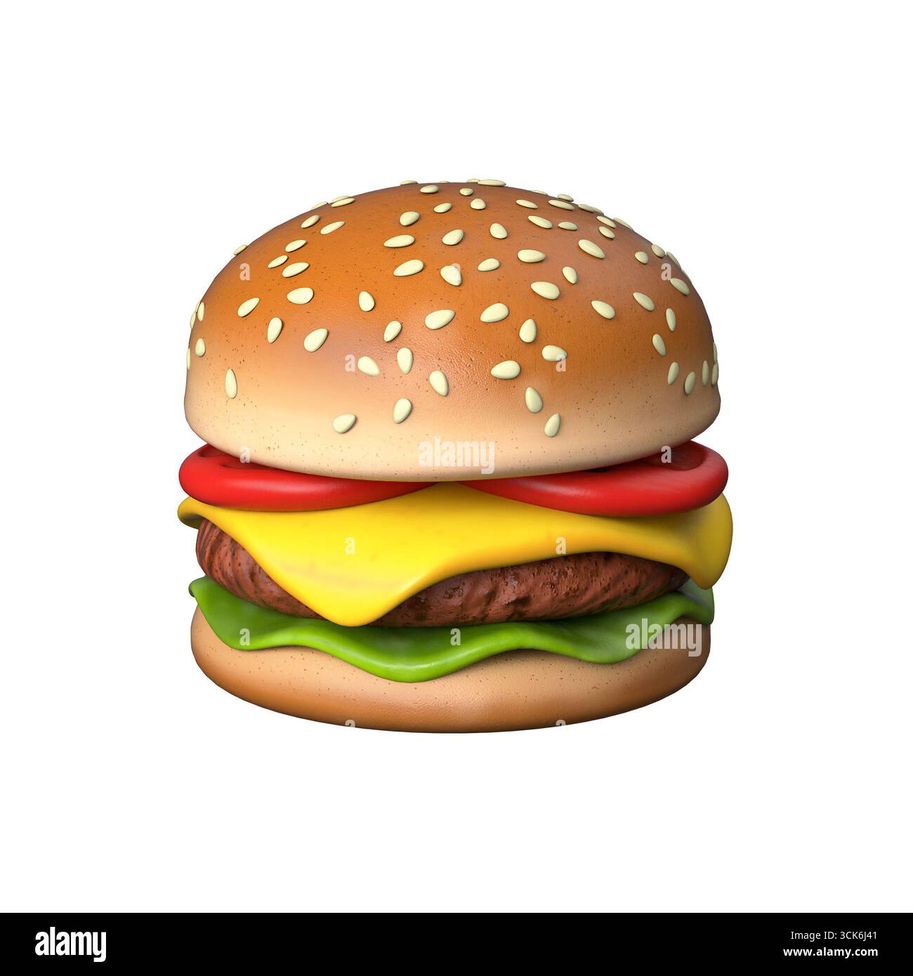 Un delizioso hamburger con panino con semi di sesamo, lattuga, formaggio, pomodoro e una polpa di manzo, che rappresenta la cultura del fast food. Foto Stock