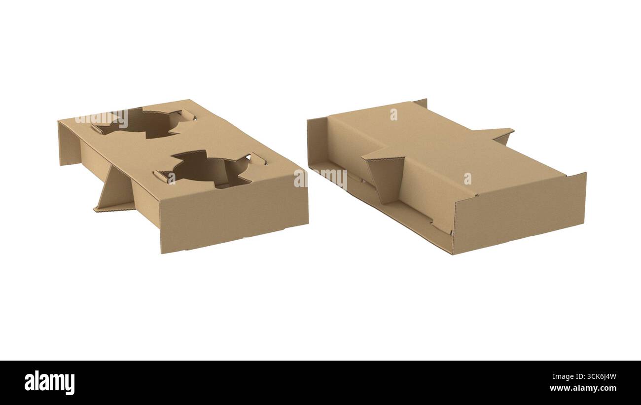 Due vassoi di cartone per l'imballaggio progettati per contenere gli articoli, caratterizzati da sagome per un posizionamento sicuro. Foto Stock