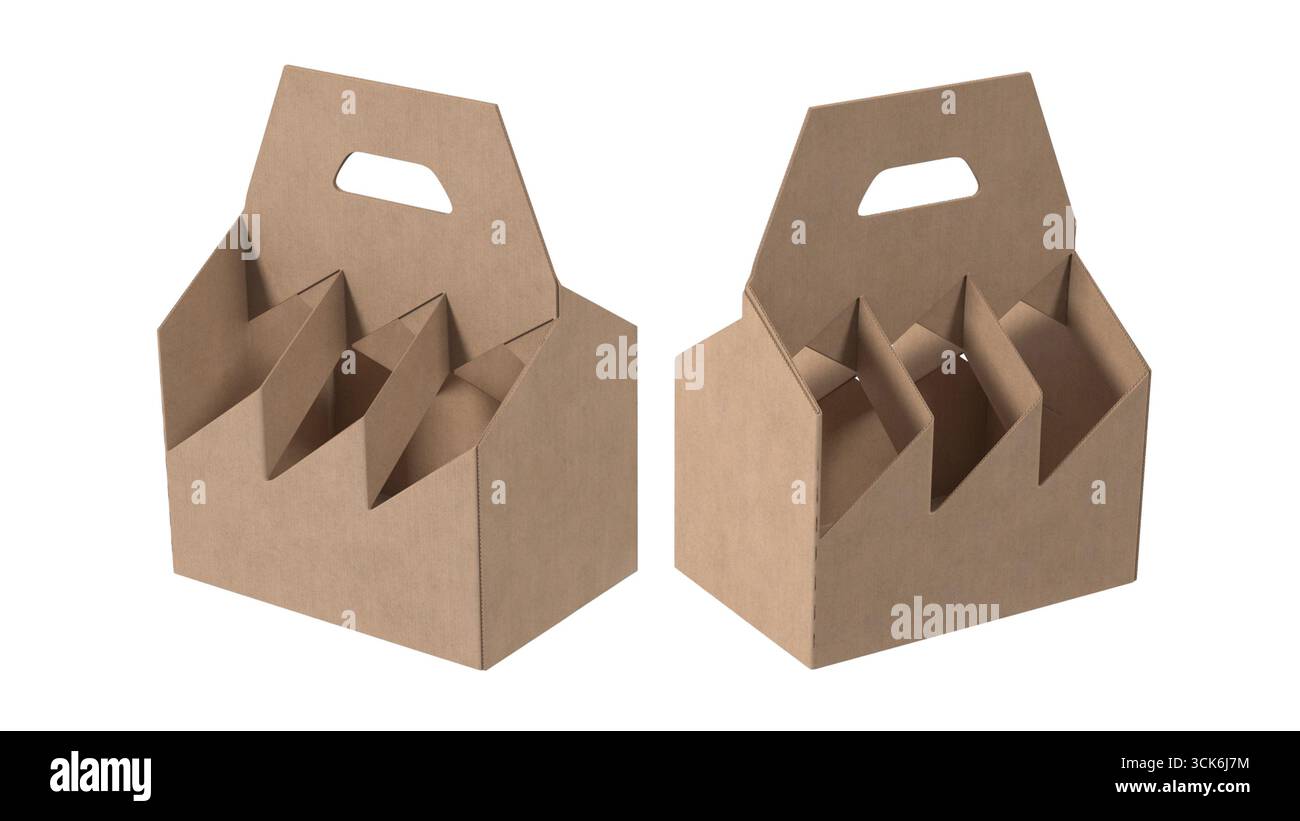 Due supporti in cartone con scomparti multipli, progettati per il trasporto di bevande o alimenti. Foto Stock