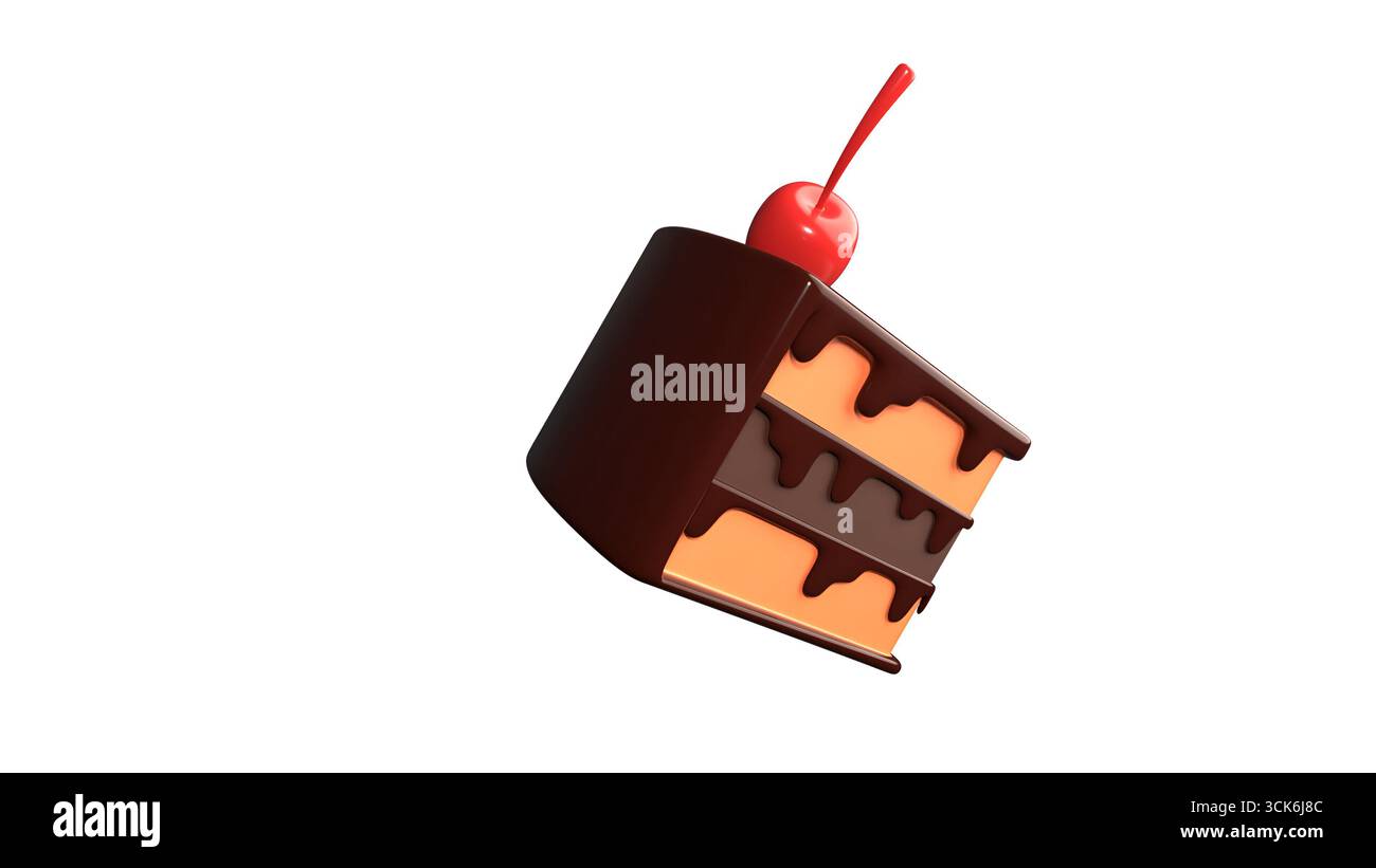 Una fetta di torta al cioccolato con due strati e una ciliegia sulla cima, che presenta un delizioso dessert. Foto Stock