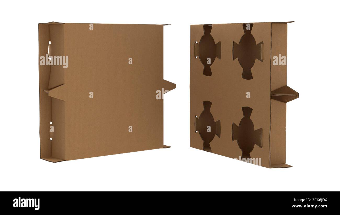 Due scatole di cartone progettate per il confezionamento, con aperture per il posizionamento sicuro degli articoli. Foto Stock