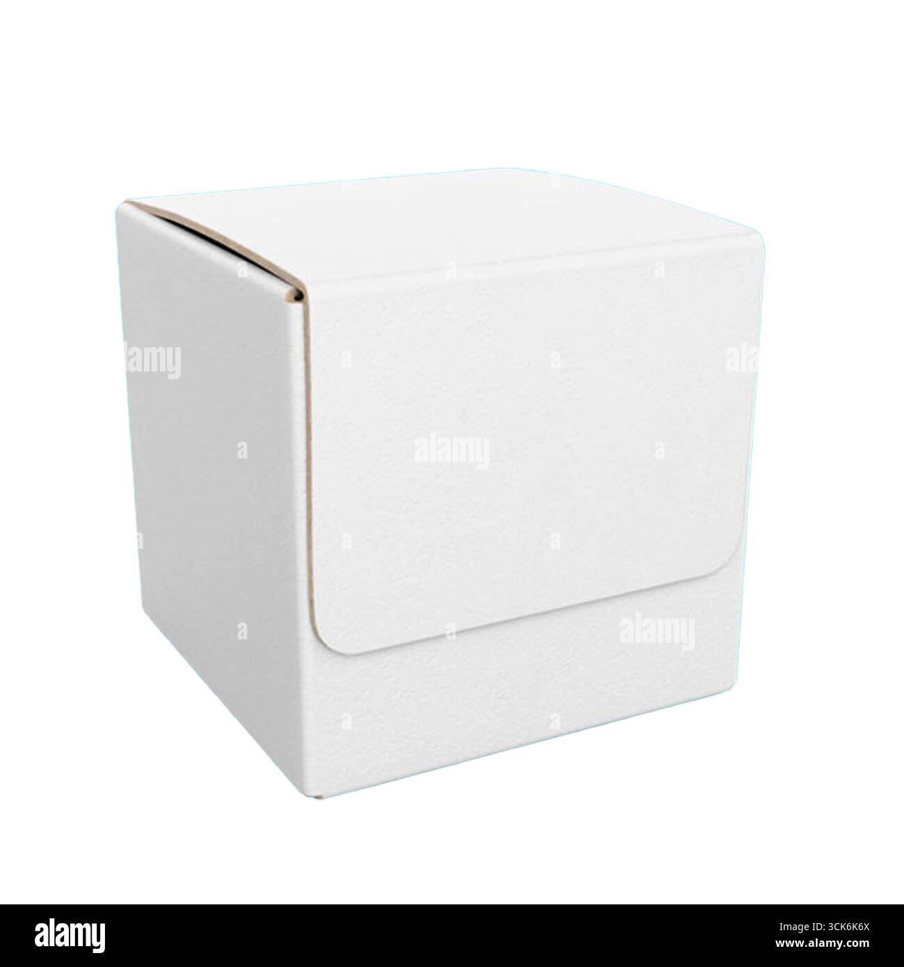 Una semplice scatola bianca con chiusura a ribalta, spesso utilizzata per l'imballaggio o lo stoccaggio. Foto Stock