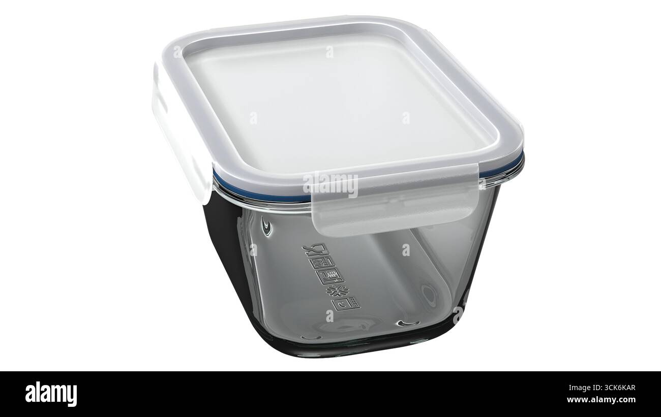 Un contenitore per la conservazione degli alimenti trasparente e quadrato con coperchio progettato per conservare e organizzare gli alimenti. Foto Stock