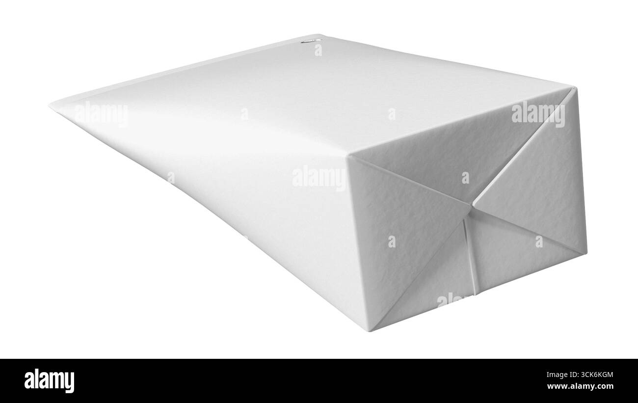 Un semplice pacchetto bianco a forma di cuscino, spesso utilizzato per alimenti o piccoli oggetti, che presenta un design elegante e minimalista. Foto Stock
