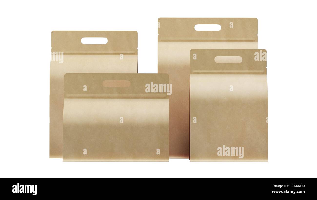 Una raccolta di cartelle di carta marrone di varie dimensioni con maniglie, progettate per lo stoccaggio e l'organizzazione. Foto Stock