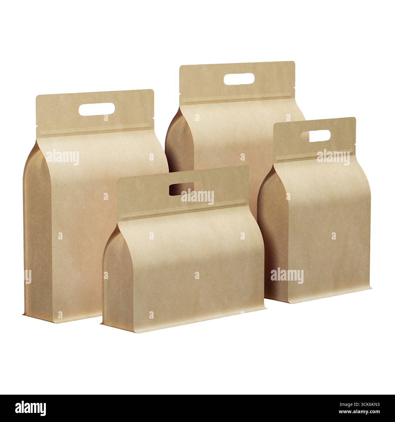 Una raccolta di quattro semplici scatole regalo in carta marrone con manici, adatte per il confezionamento di alimenti o piccoli articoli. Foto Stock