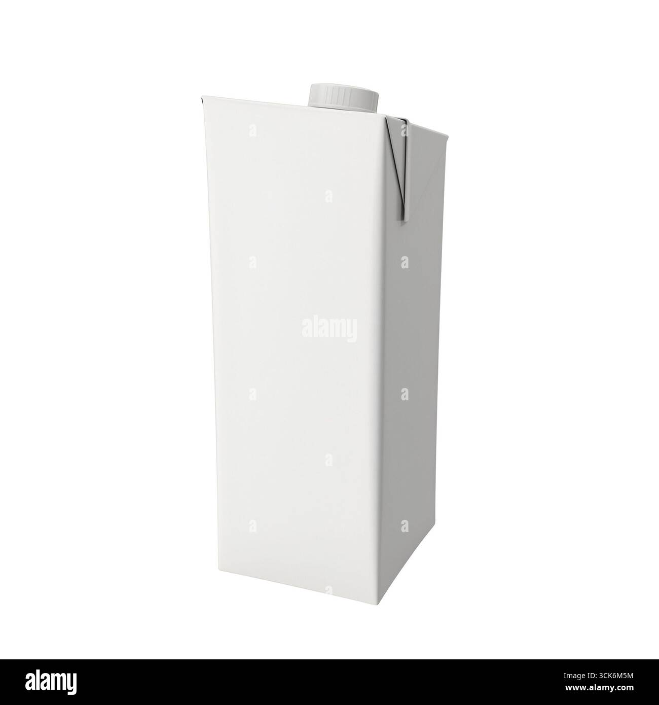 Un semplice cartone bianco per succo di frutta con parte superiore triangolare, progettato per il confezionamento di bevande. Foto Stock