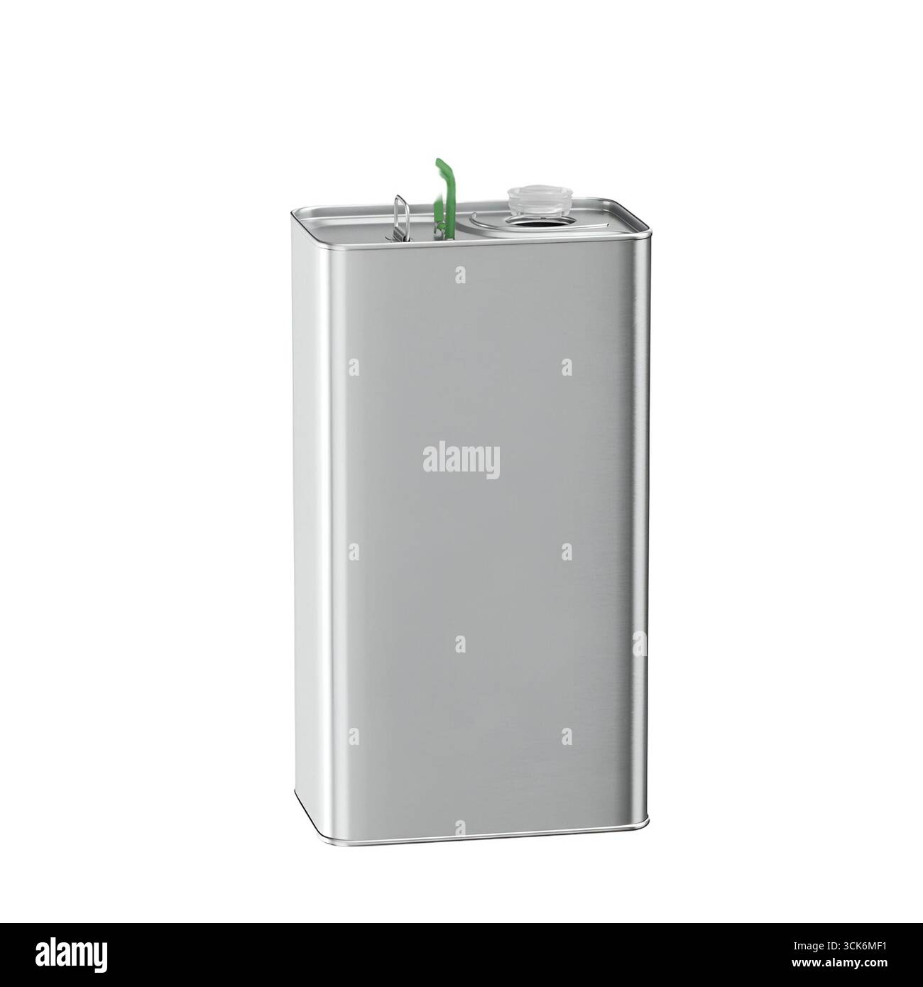 Un elegante contenitore metallico con cannuccia verde, probabilmente progettato per bevande o liquidi. Foto Stock