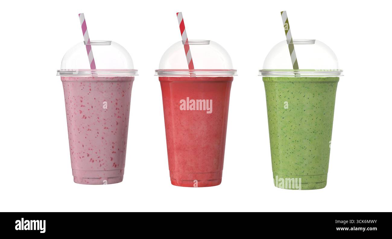 Tre bevande colorate in tazze con cannucce, che mostrano sapori diversi e colori vivaci. Foto Stock