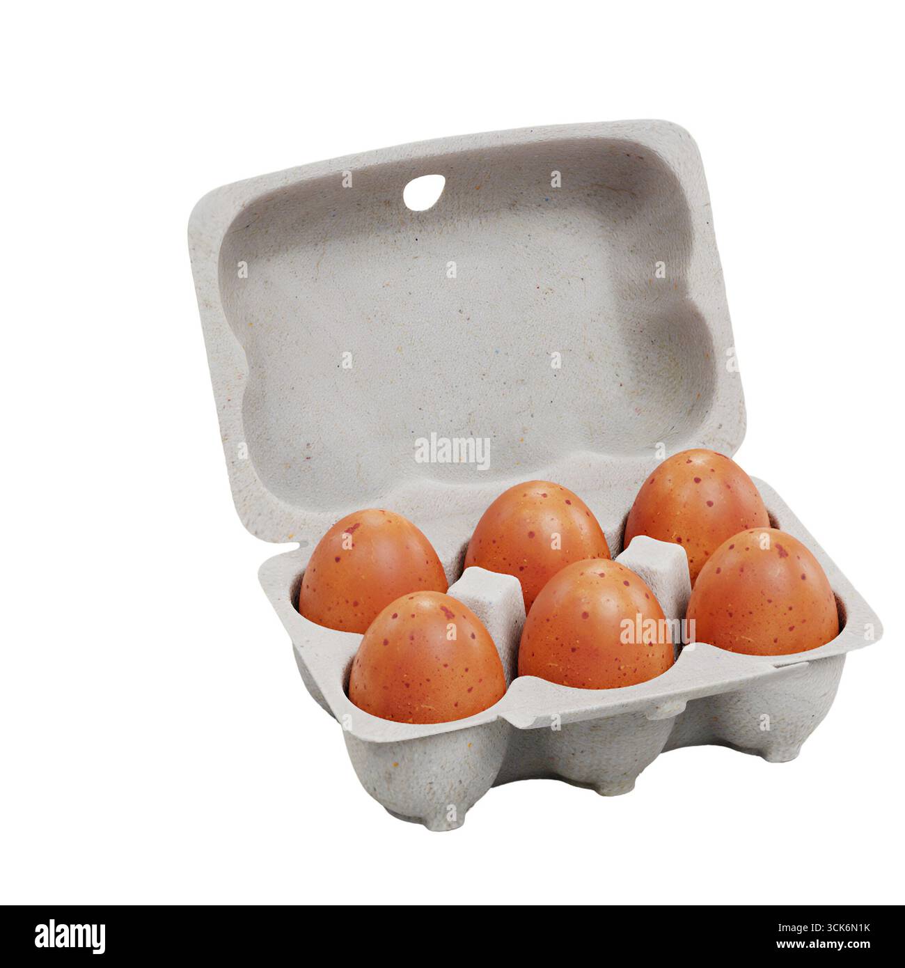 Un cartone contenente sei uova marroni, che mostrano il loro aspetto naturale in una confezione semplice ed ecologica. Foto Stock