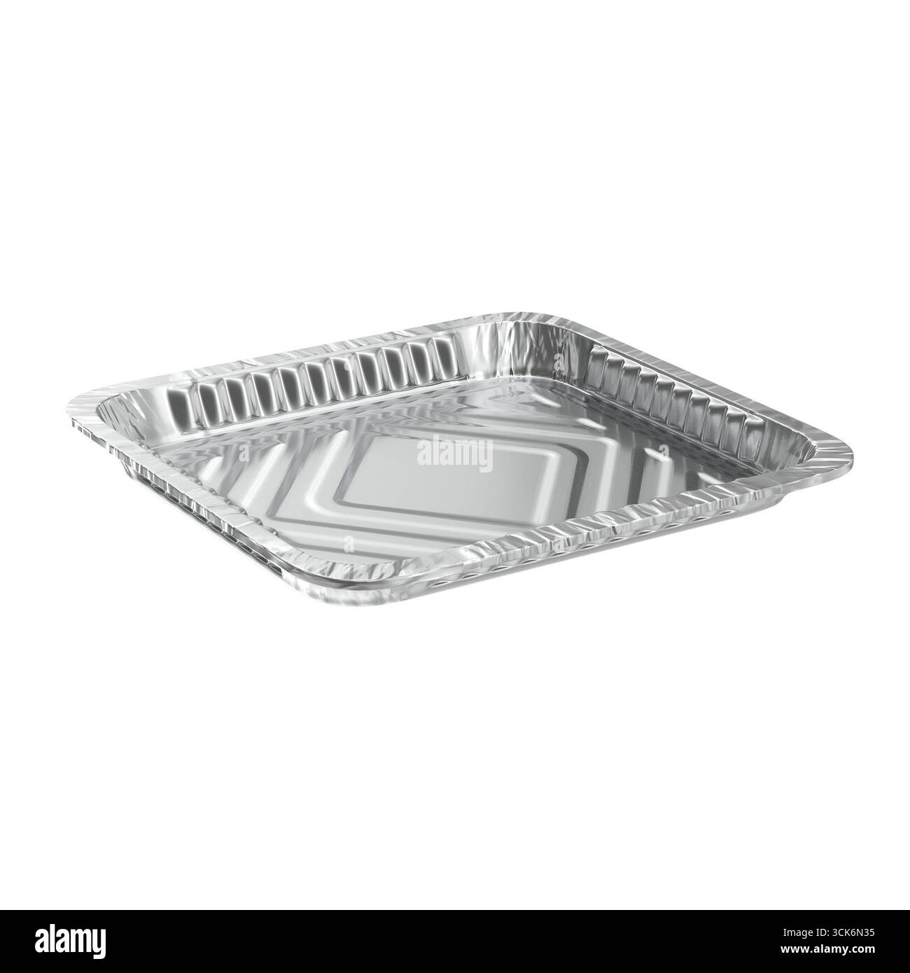 Vassoio rettangolare in alluminio progettato per la preparazione o il servizio di alimenti, con una superficie metallica lucida e bordi rialzati. Foto Stock