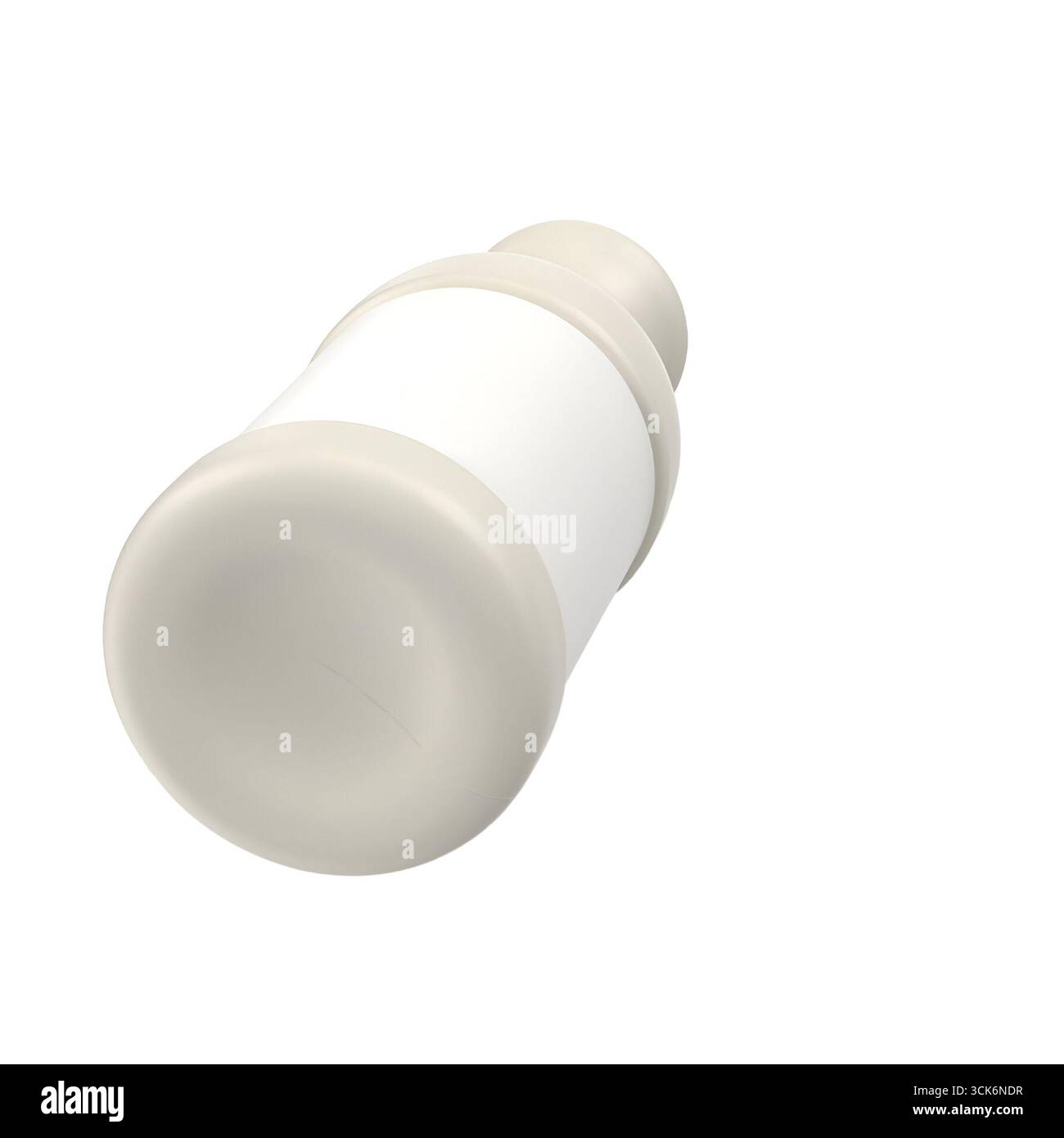 Un semplice flacone cilindrico con etichetta vuota, probabilmente progettato per vari liquidi o sostanze. Foto Stock