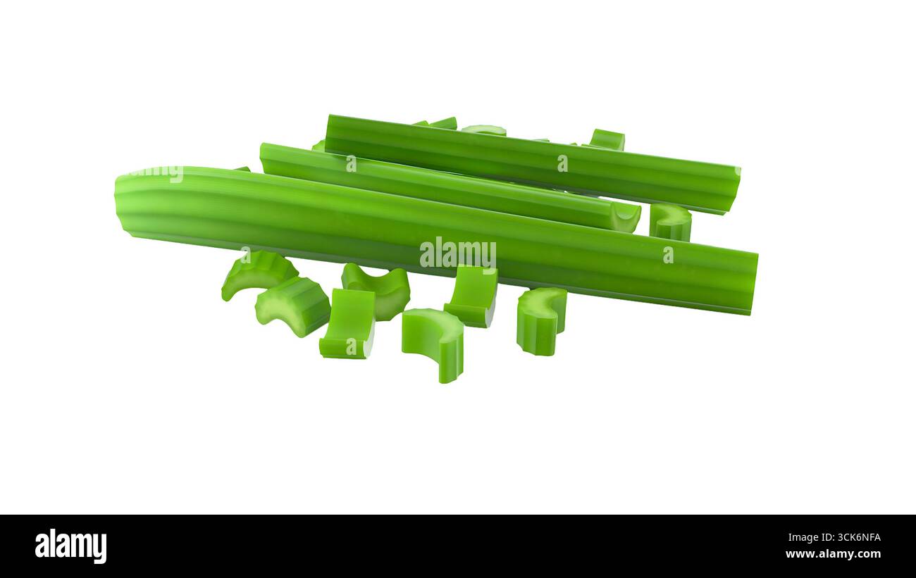 Una collezione di gambi di sedano verde fresco e pezzi tritati, ideale per ricette salutari e spuntini. Foto Stock