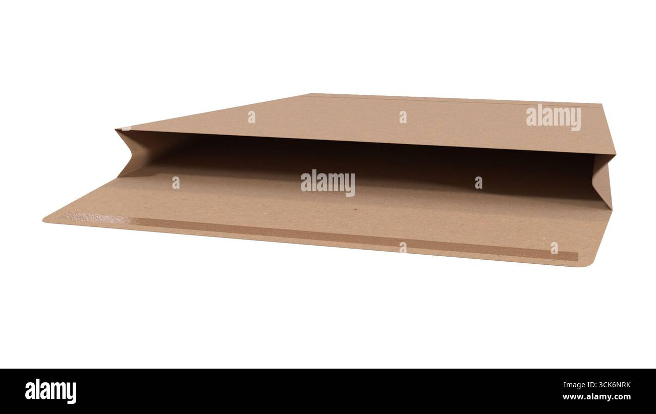 Una piegatrice di cartone piatta, marrone, con un'aletta aperta, generalmente utilizzata per organizzare documenti o carta. Foto Stock