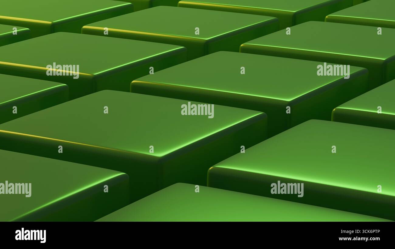 Rendering 3D minimalista di cubi verdi che formano una semplice superficie della griglia con riflessi di luce morbidi, utilizzata come trama di sfondo per il digitale e il creato Foto Stock