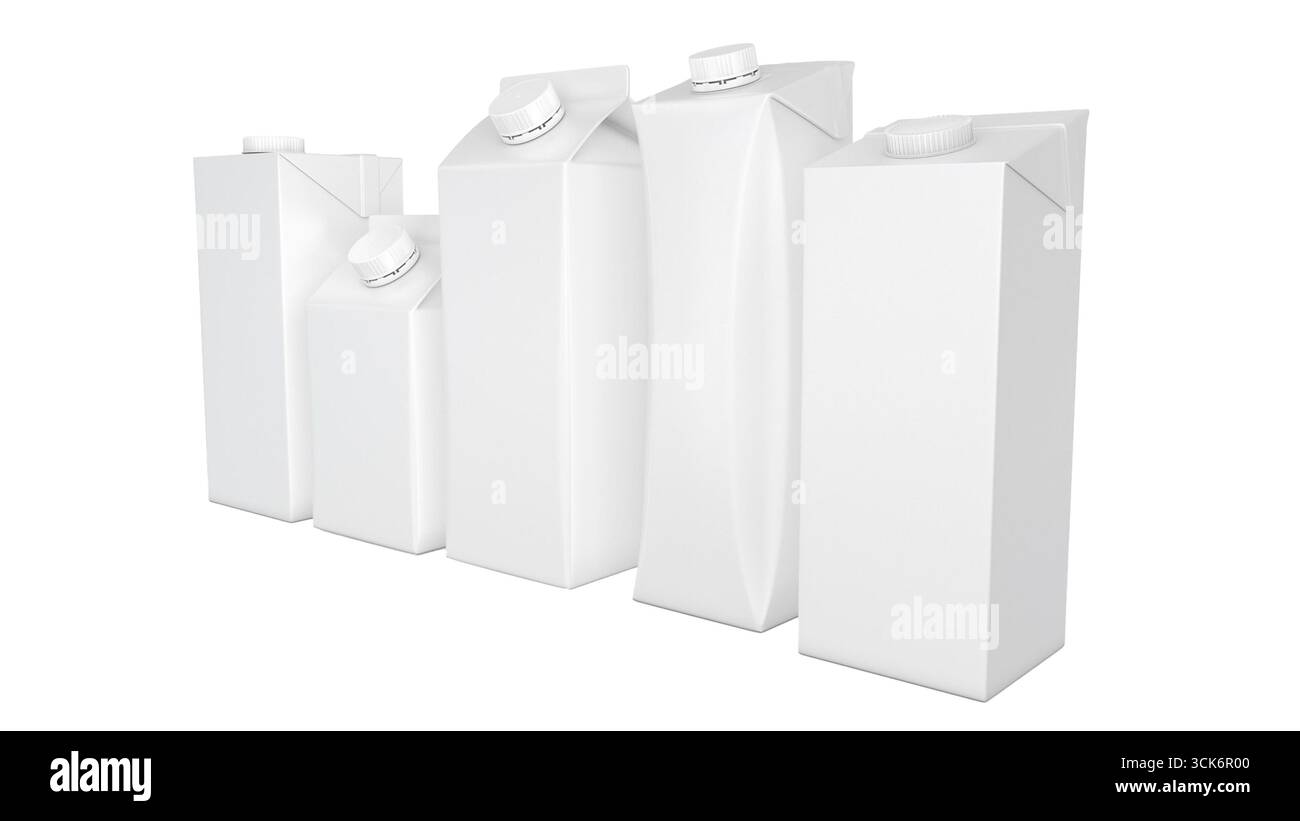 Una collezione di cartoni di latte bianco semplice di varie dimensioni, con forme e dimensioni diverse per il confezionamento. Foto Stock