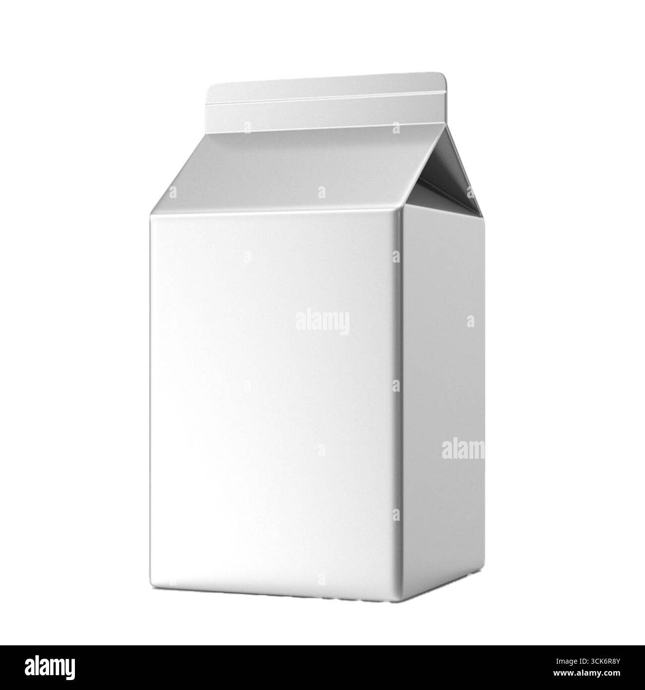 Un cartone di latte bianco semplice con parte superiore triangolare, generalmente utilizzato per conservare e servire il latte. Foto Stock