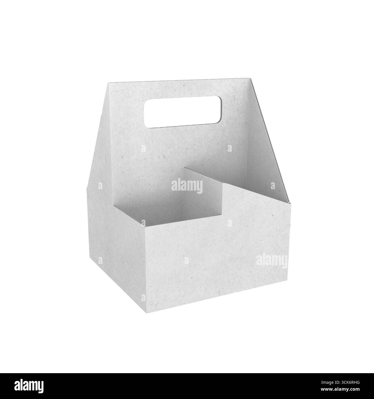 Una semplice scatola di supporto in carta bianca con maniglia, progettata per contenere comodamente gli articoli. Foto Stock