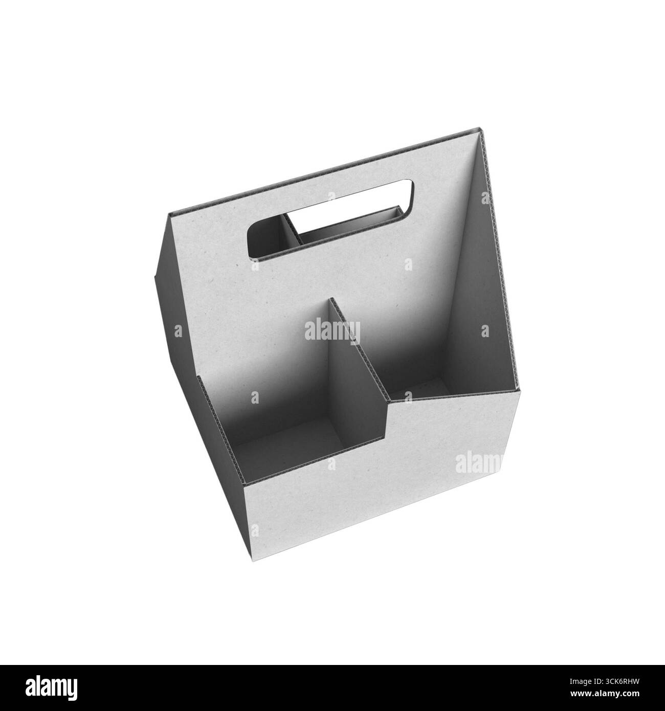 Un semplice organiser in cartone grigio con due scomparti e una maniglia, progettato per lo stoccaggio e l'organizzazione. Foto Stock
