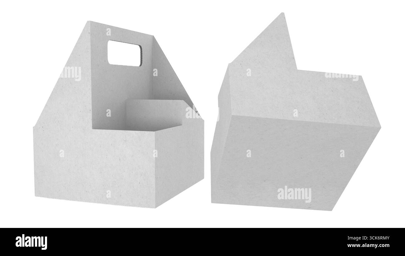 Una semplice scatola di carta vuota con maniglia, progettata per il trasporto di oggetti. Foto Stock