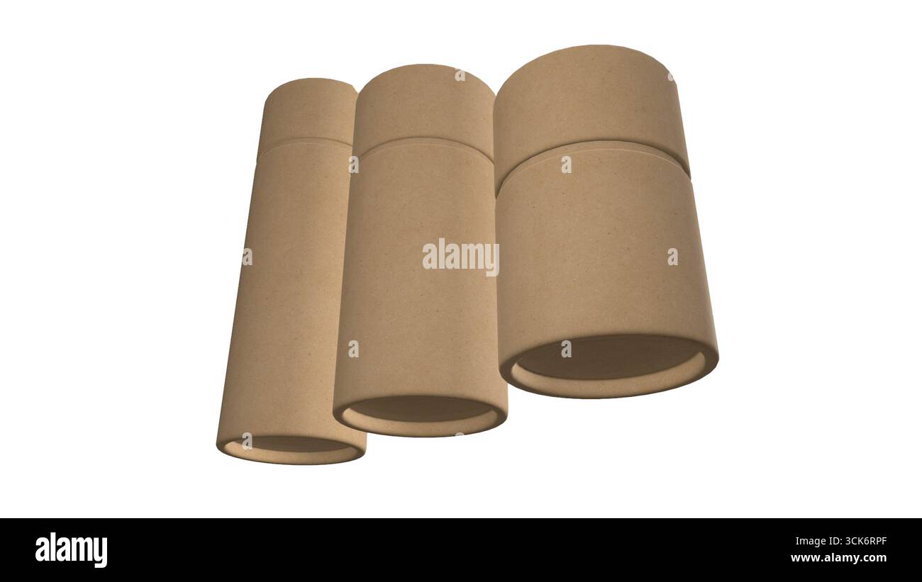 Tre tubi di cartone cilindrici di varie dimensioni, comunemente utilizzati per il confezionamento o lo stoccaggio. Foto Stock