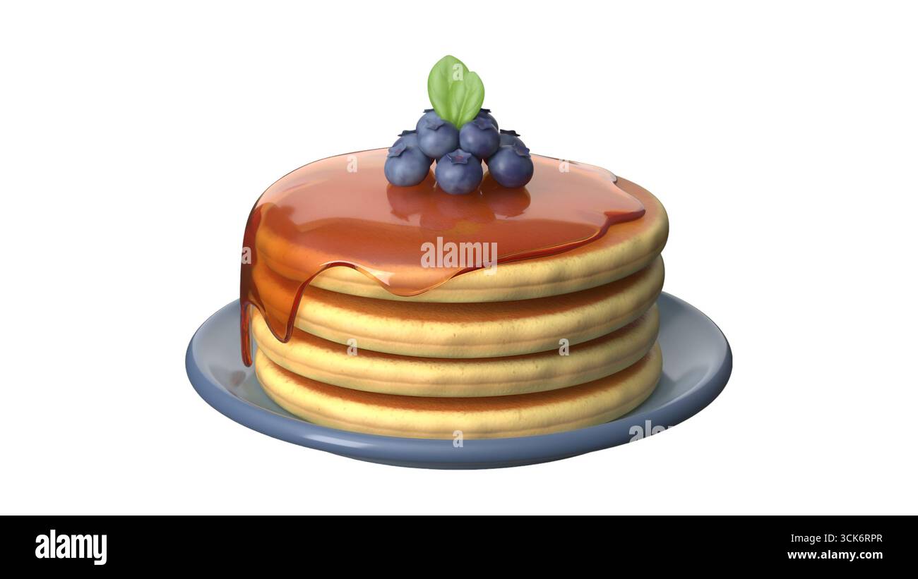 Una pila di soffici pancake conditi con sciroppo e conditi con mirtilli e una foglia, serviti su un piatto. Foto Stock