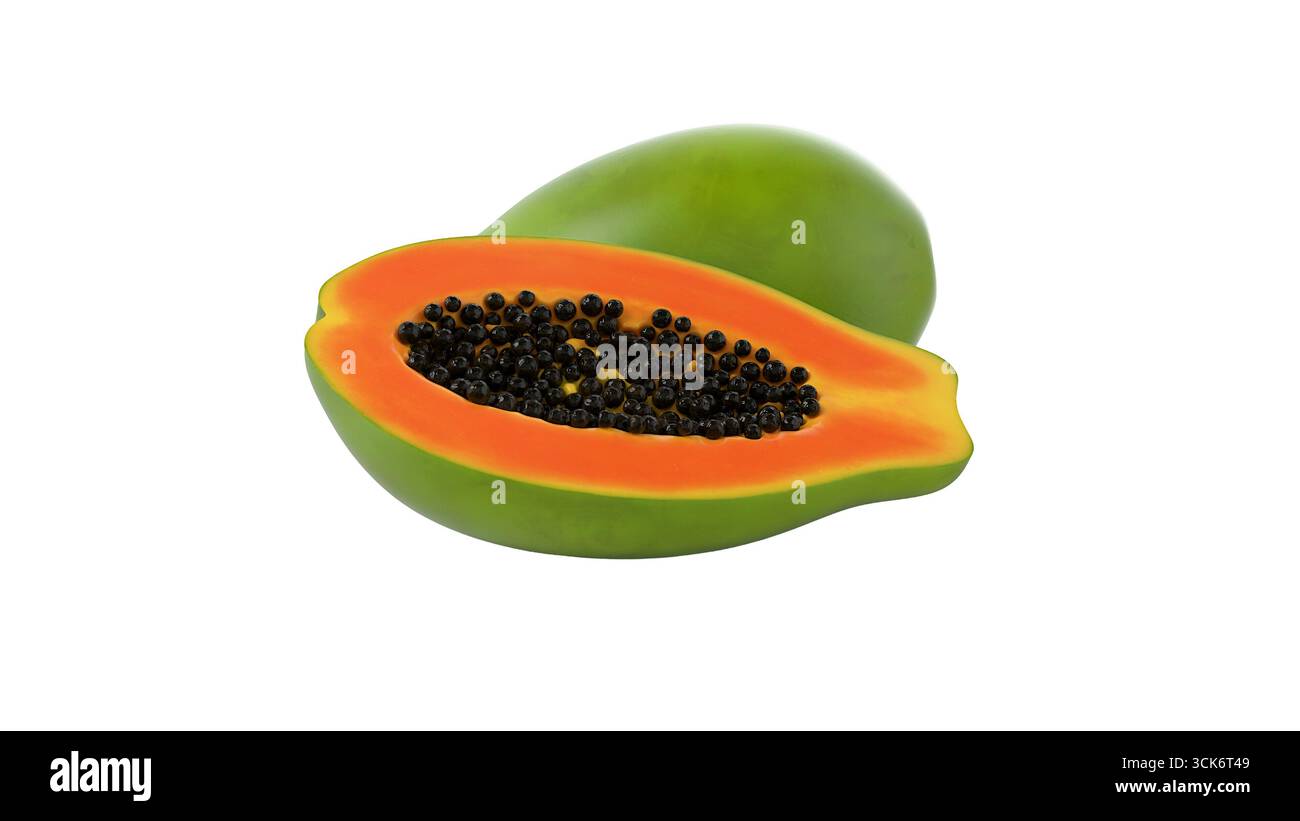 Una papaya dimezzata che mostra la sua vivace polpa arancione e i semi neri, evidenziando il suo fascino tropicale e i benefici nutrizionali. Foto Stock