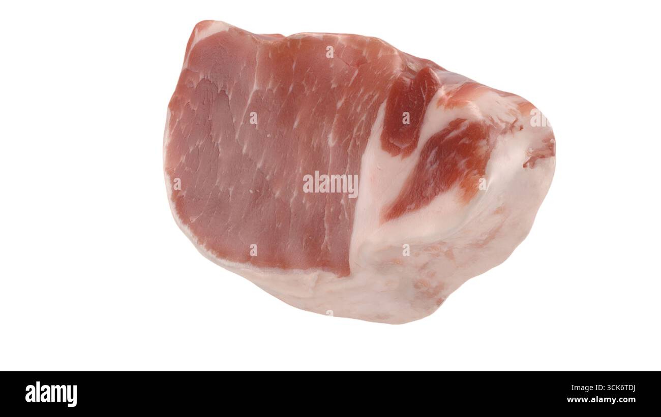 Un pezzo di carne cruda, che mostra la sua consistenza marmorizzata e il contenuto di grassi, adatto per la cucina o la presentazione culinaria. Foto Stock