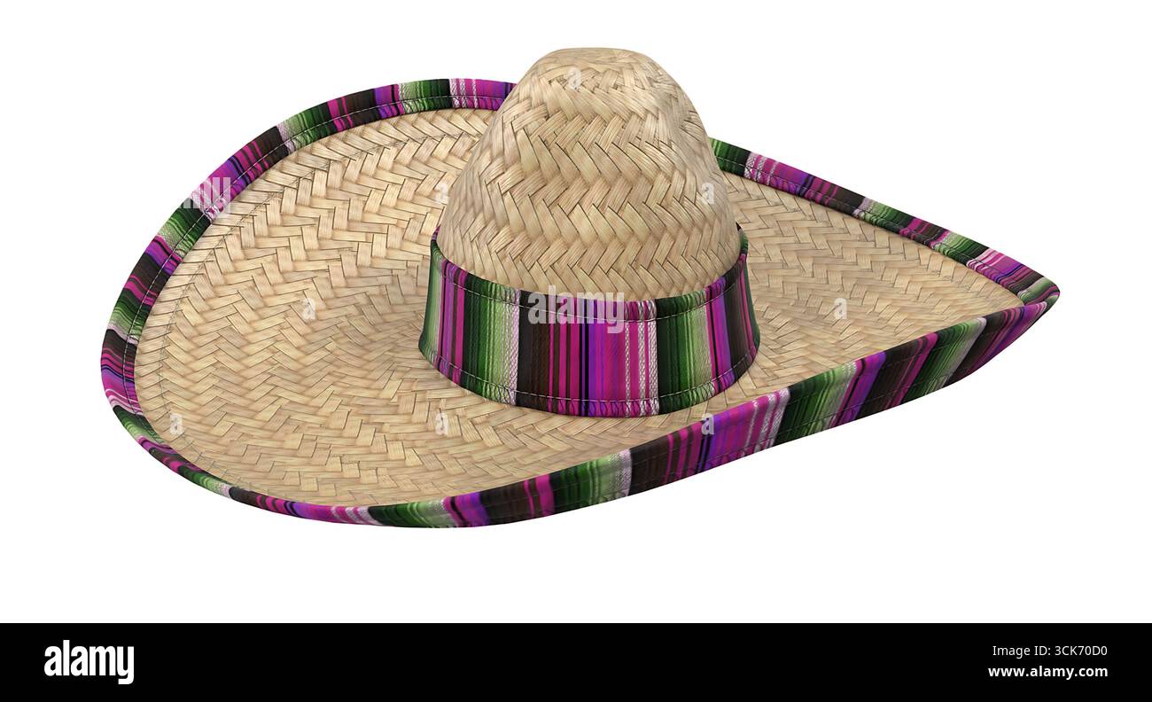 Un tradizionale sombrero di paglia con finiture colorate a righe, spesso indossato per le feste o per la protezione solare. Foto Stock