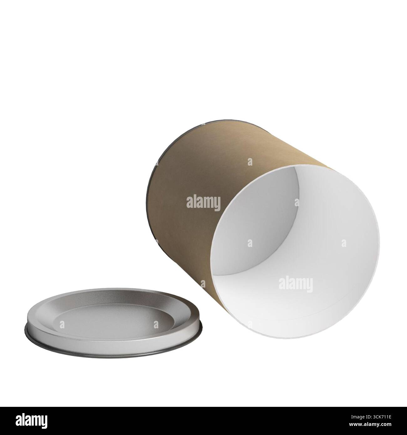 Tazza di carta marrone con interno bianco e coperchio separato, comunemente utilizzata per bevande calde. Foto Stock