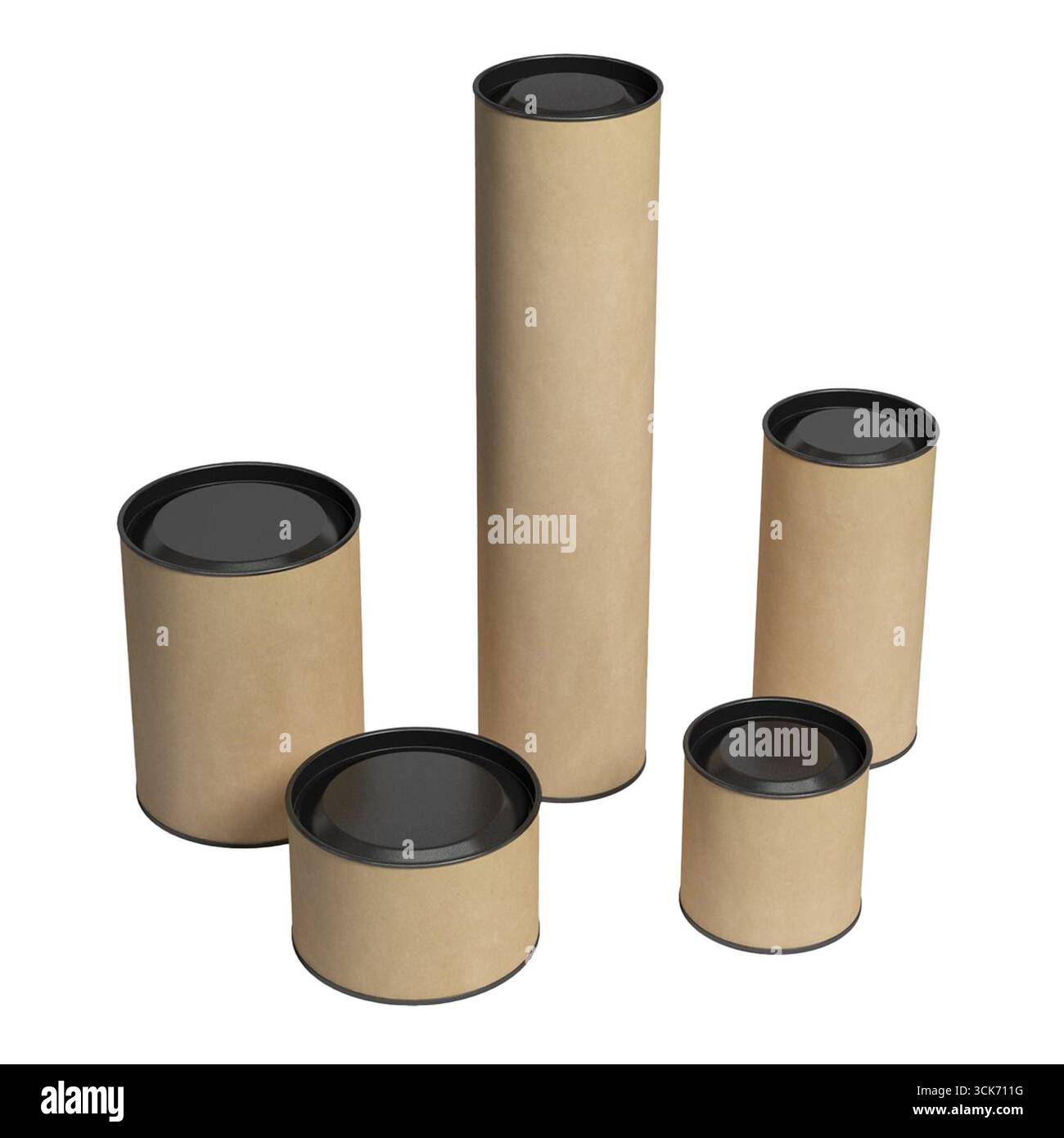 Una raccolta di provette di cartone cilindriche con coperchi neri, adatte per il confezionamento o la conservazione. Foto Stock