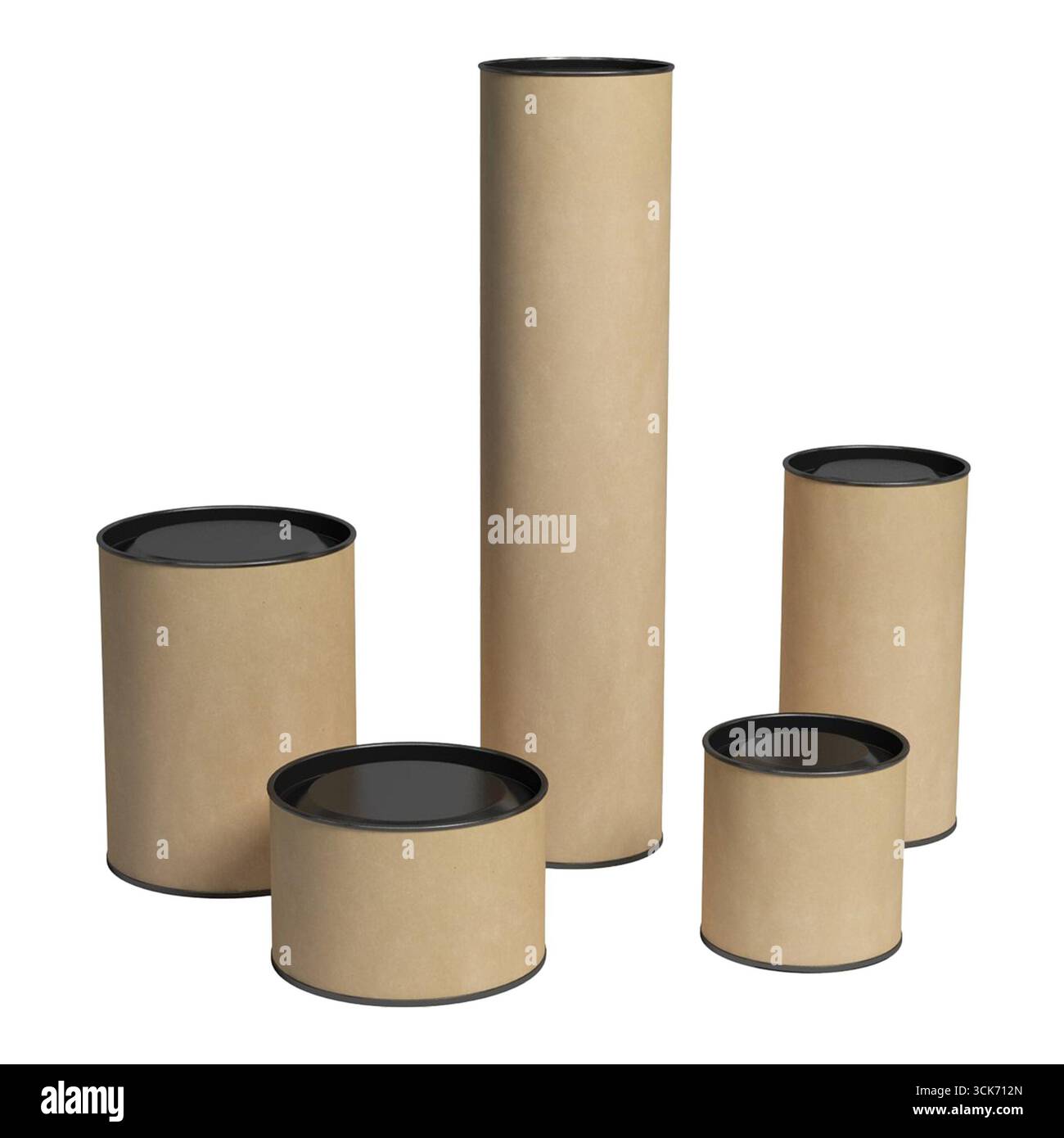 Una raccolta di contenitori di cartone cilindrici con coperchi neri, adatti per lo stoccaggio o il confezionamento. Foto Stock