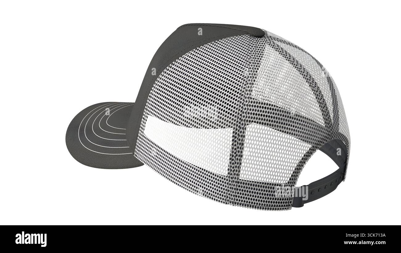 Cappellino in mesh grigio per camionisti visto dal retro, che ne mostra il design e la struttura. Foto Stock
