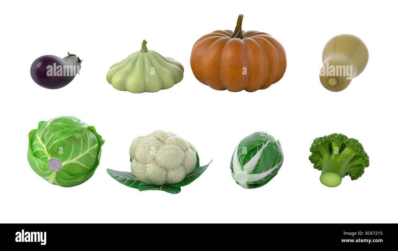Una collezione di verdure varie, tra cui melanzane, zucca e broccoli, che mostrano forme e colori diversi. Foto Stock