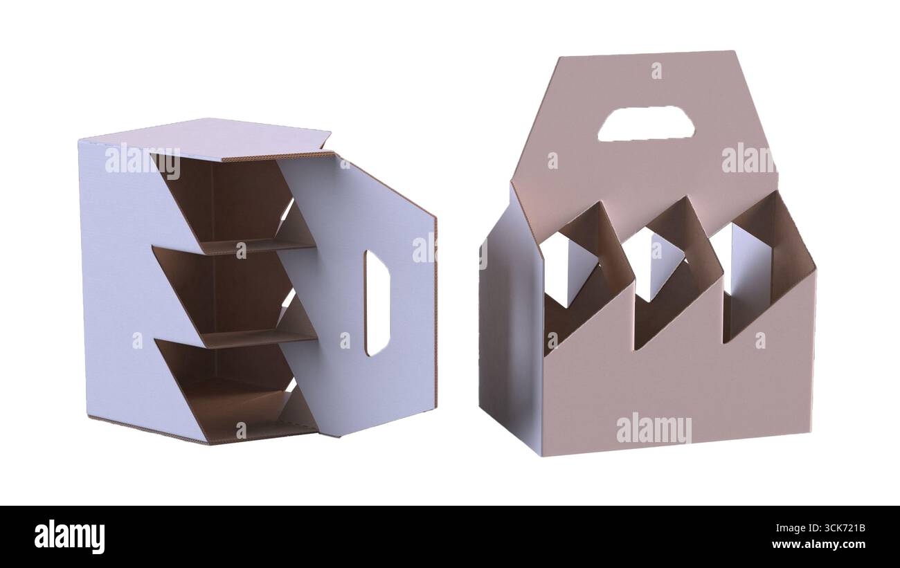 Due confezioni in cartone, una con ripiani interni e l'altra con maniglia, adatte per il trasporto di articoli. Foto Stock
