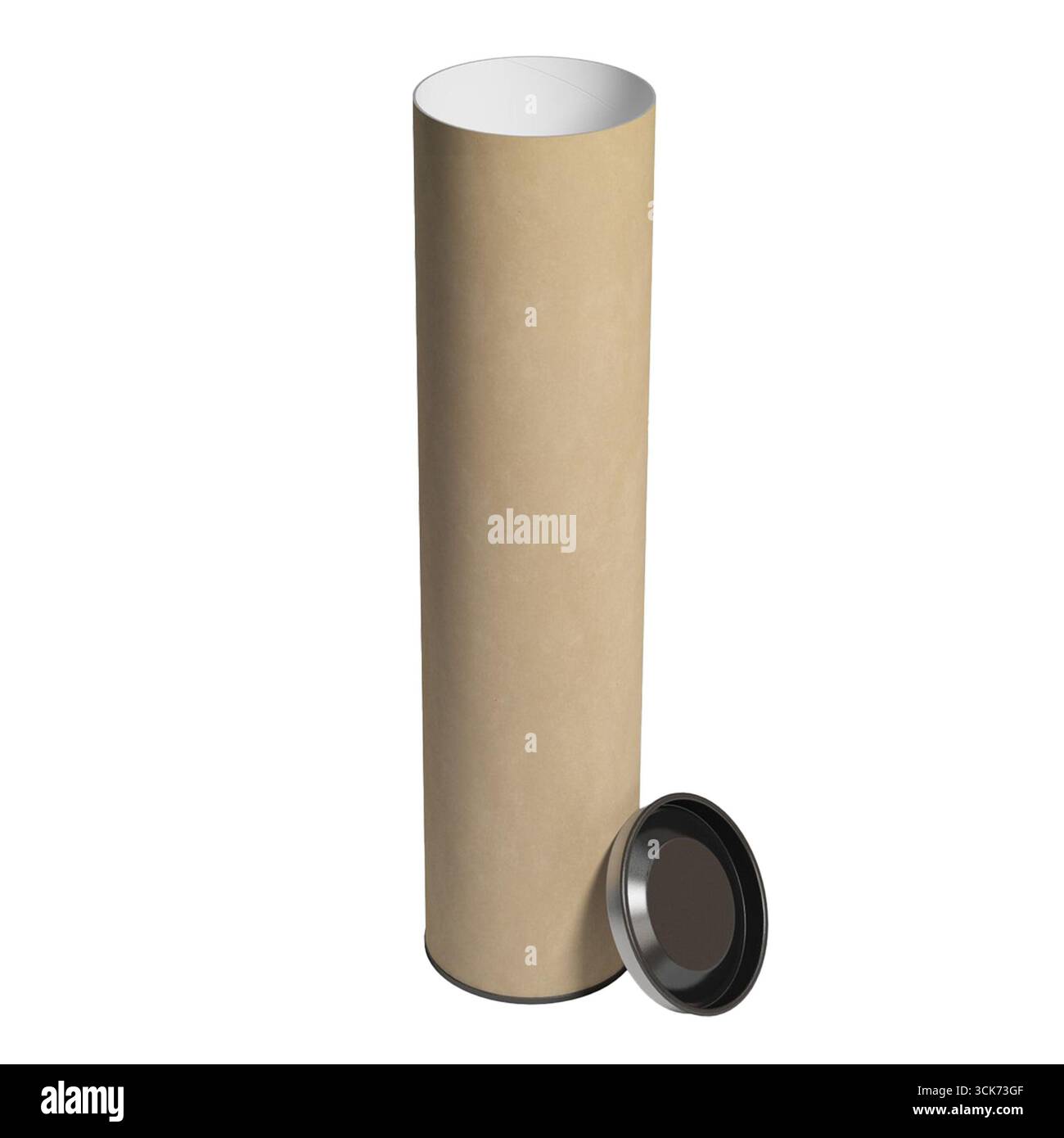 Un tubo di cartone cilindrico con coperchio rimovibile, spesso utilizzato per il confezionamento o lo stoccaggio. Foto Stock