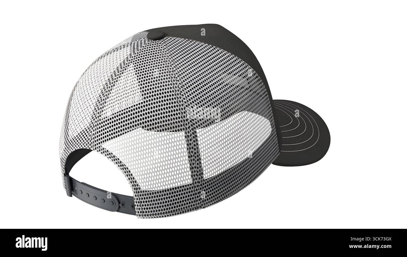 Vista posteriore di un cappellino da baseball in mesh che ne mostra la struttura e il design. Foto Stock