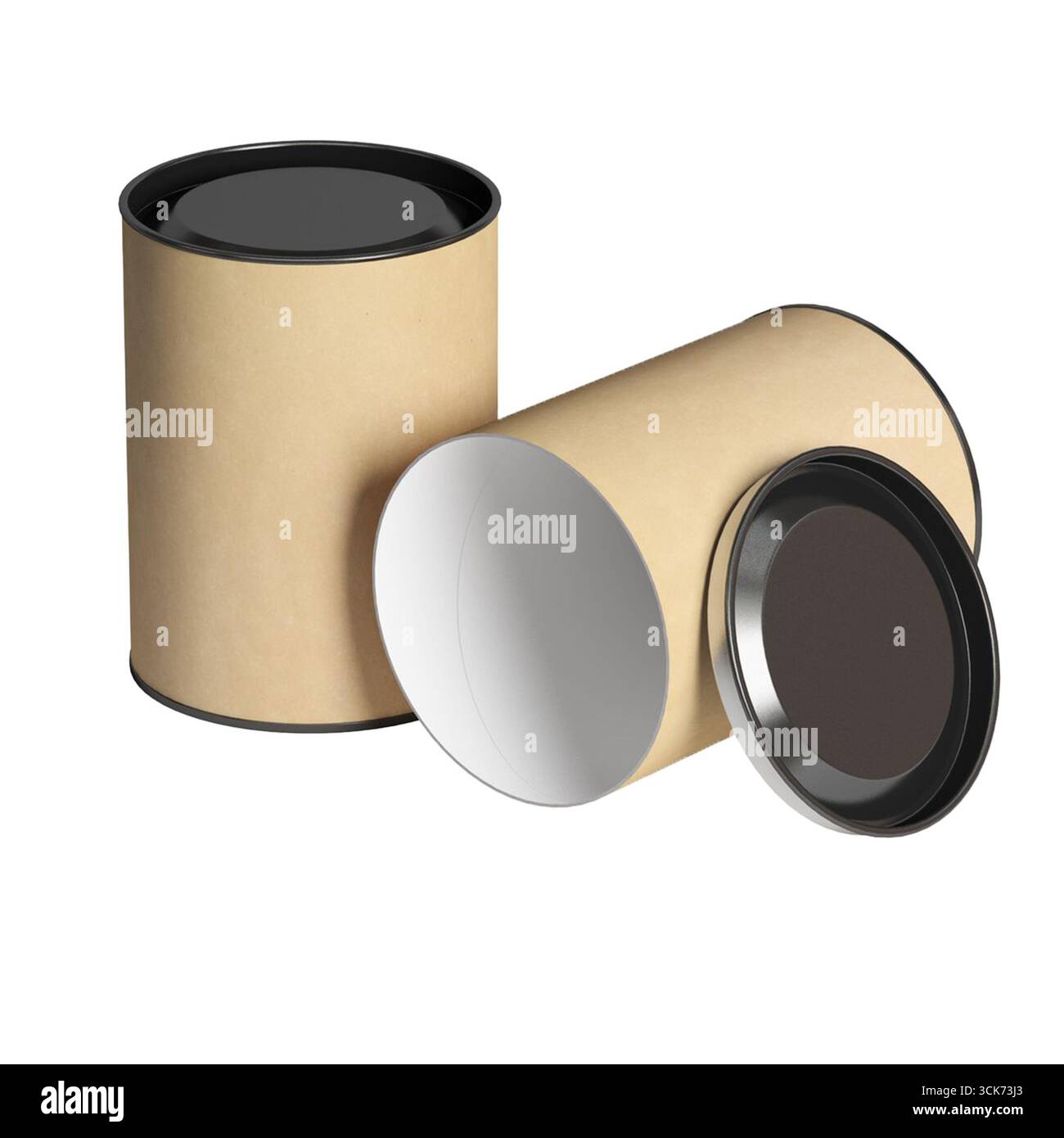 Due contenitori cilindrici con coperchi rimovibili, progettati per la conservazione o il confezionamento. Foto Stock