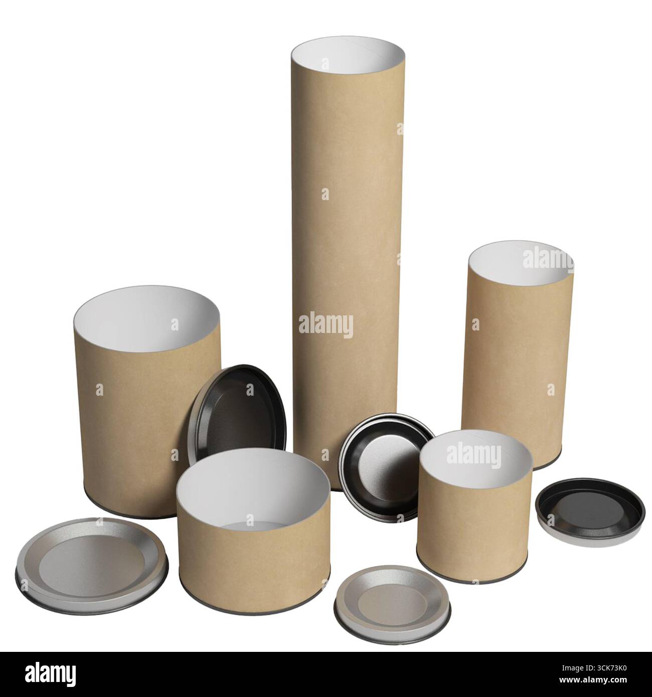 Una raccolta di contenitori di imballaggio cilindrici, con varie dimensioni e coperchi, adatti per lo stoccaggio o la spedizione. Foto Stock