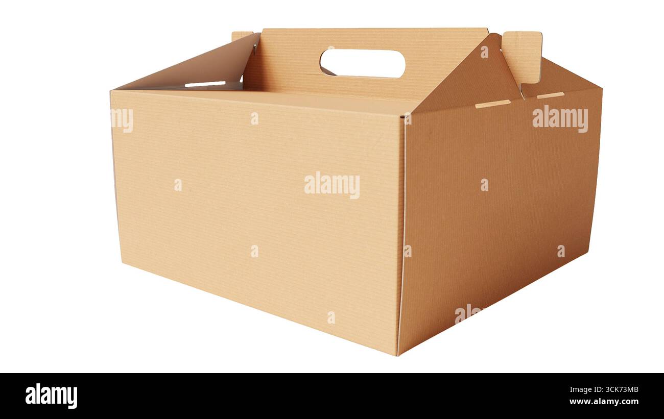 Scatola di cartone semplice con maniglie, spesso utilizzata per l'imballaggio e il trasporto di articoli. Foto Stock