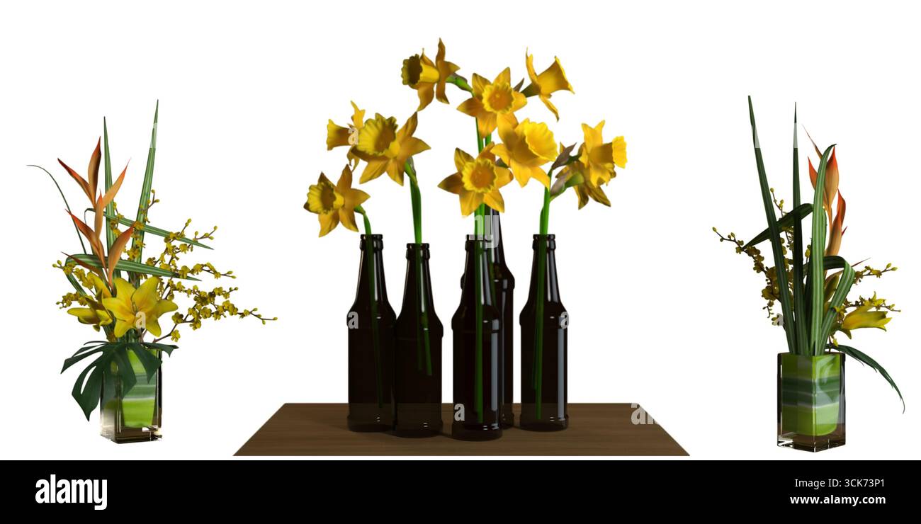 Una vibrante disposizione di fiori gialli in vasi di vetro, circondata da bottiglie marroni su una superficie di legno. Foto Stock