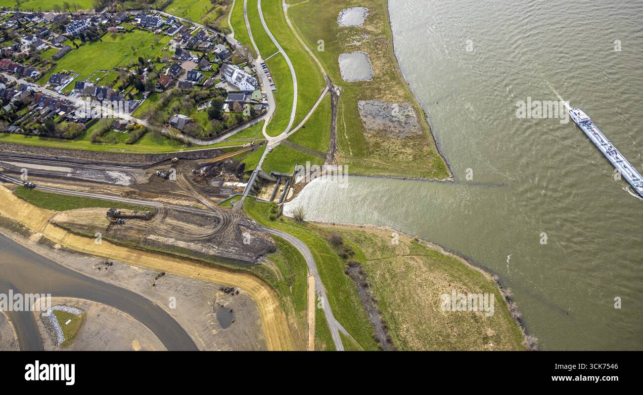 Vista aerea, struttura a goccia dell'estuario di Emscher, lavori di costruzione del nuovo estuario di Emscher nel fiume Reno, rinaturalizzazione dell'Emscher, riprogettazione e. Foto Stock