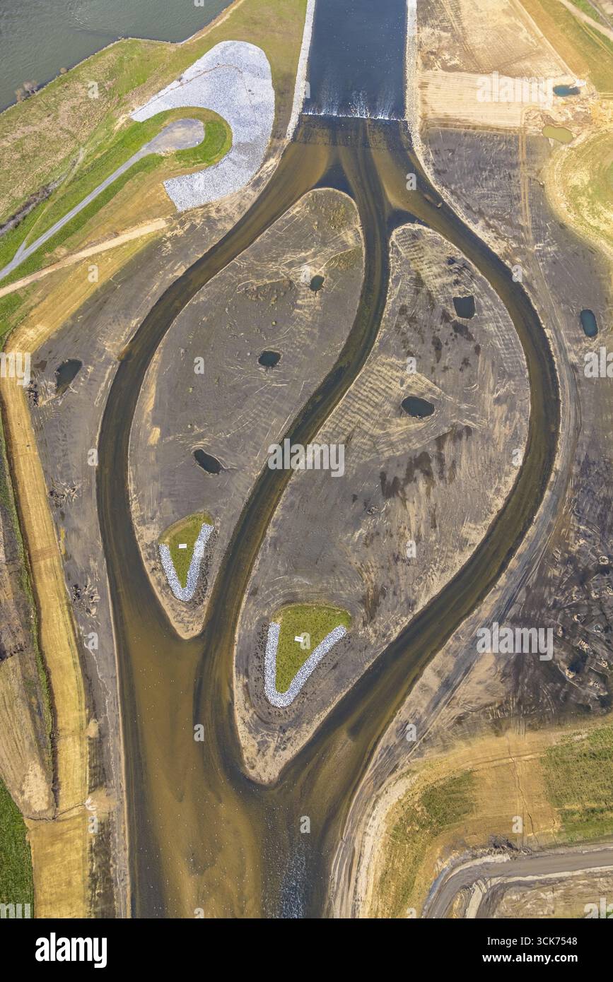 Vista aerea, lavori di costruzione del nuovo estuario di Emscher nel Reno, rinaturazione dell'Emscher, riprogettazione e rilocalizzazione dell'estuario di Emscher, Foto Stock