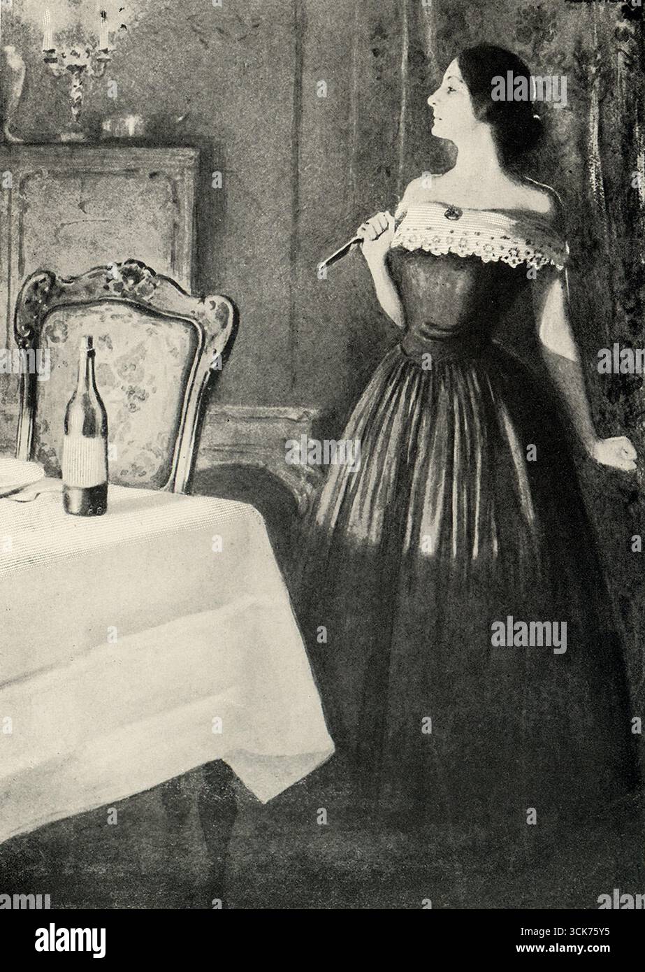 La didascalia del 1901 per queste immagini recita: “Stai ferma lei ha detto o ti ucciderò”. Il passaggio è tratto dal romanzo del 1848 Dombey and Son di Charles Dickens. Dombey e il figlio seguono il signor Dombey, un ricco uomo d'affari ossessionato dall'eredità, che tiene a suo figlio Paul rispetto a sua figlia Florence, trascurandola in favore del ragazzo fragile. Le parole sono pronunciate da Edith Granger, la seconda moglie del signor Dombey, a James Carker, il suo pericoloso manager. Charles Dickens (1812-1870) è uno dei romanzieri inglesi più noti e illustri. Ha vissuto durante l'era vittoriana. Tra le sue opere più note vi sono: A Foto Stock