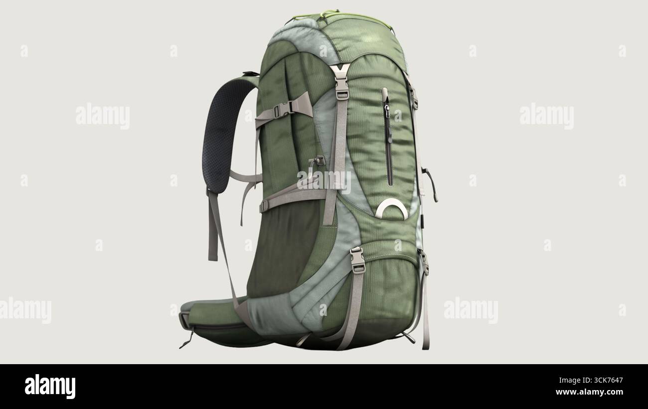 Questo zaino verde per esterni vanta una grande capacità e materiali resistenti, perfetto per escursioni prolungate e campeggio. Design ergonomico e Foto Stock
